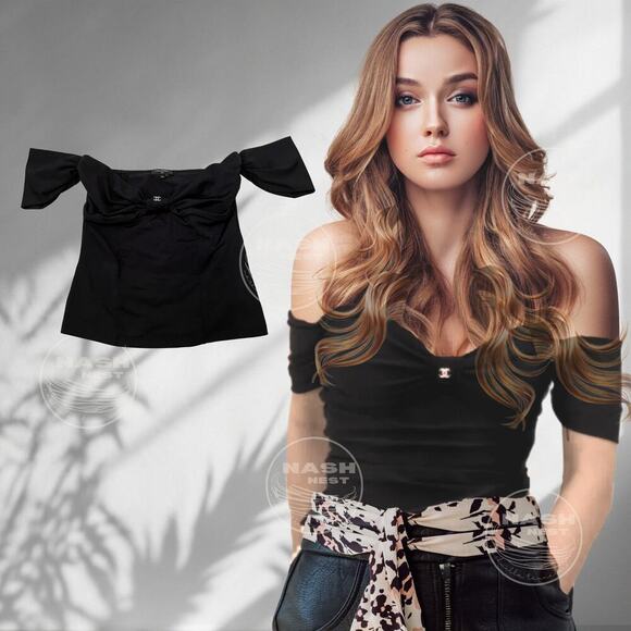 Chanel 23S Black Jersey Off-Shoulder Bow Top | Rare Crystal CC Logo FR 36 - Picture 6 of 12